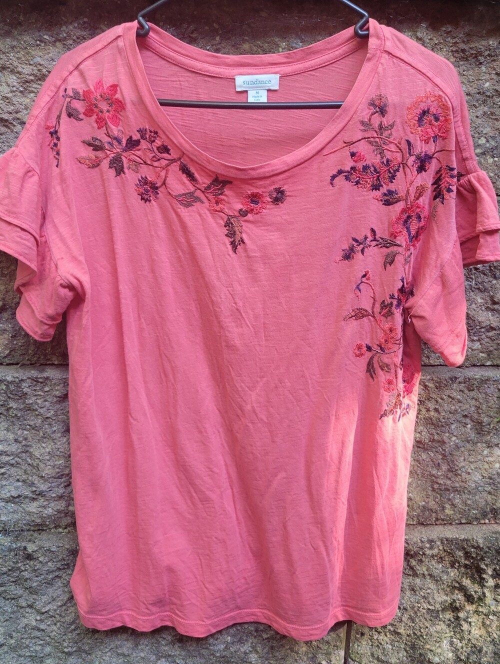 Sundance catalog women's embroidered layered flutter sleeve coral pink Tshirt M - Picture 6 of 14